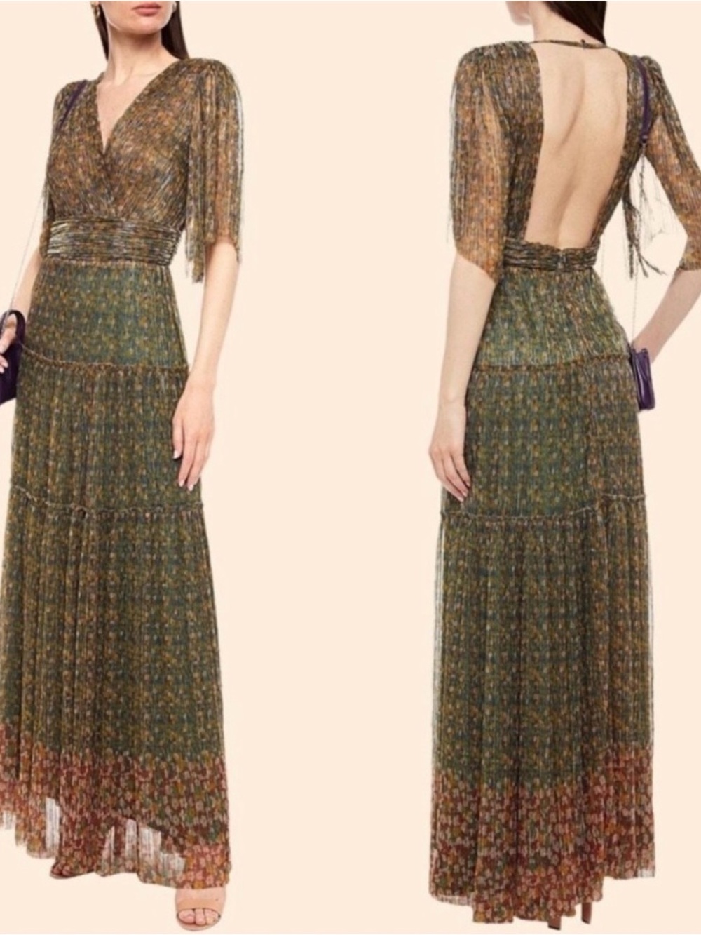 ba&sh Olive Floral Open-Back V-Neck Maxi Dress Sz 2